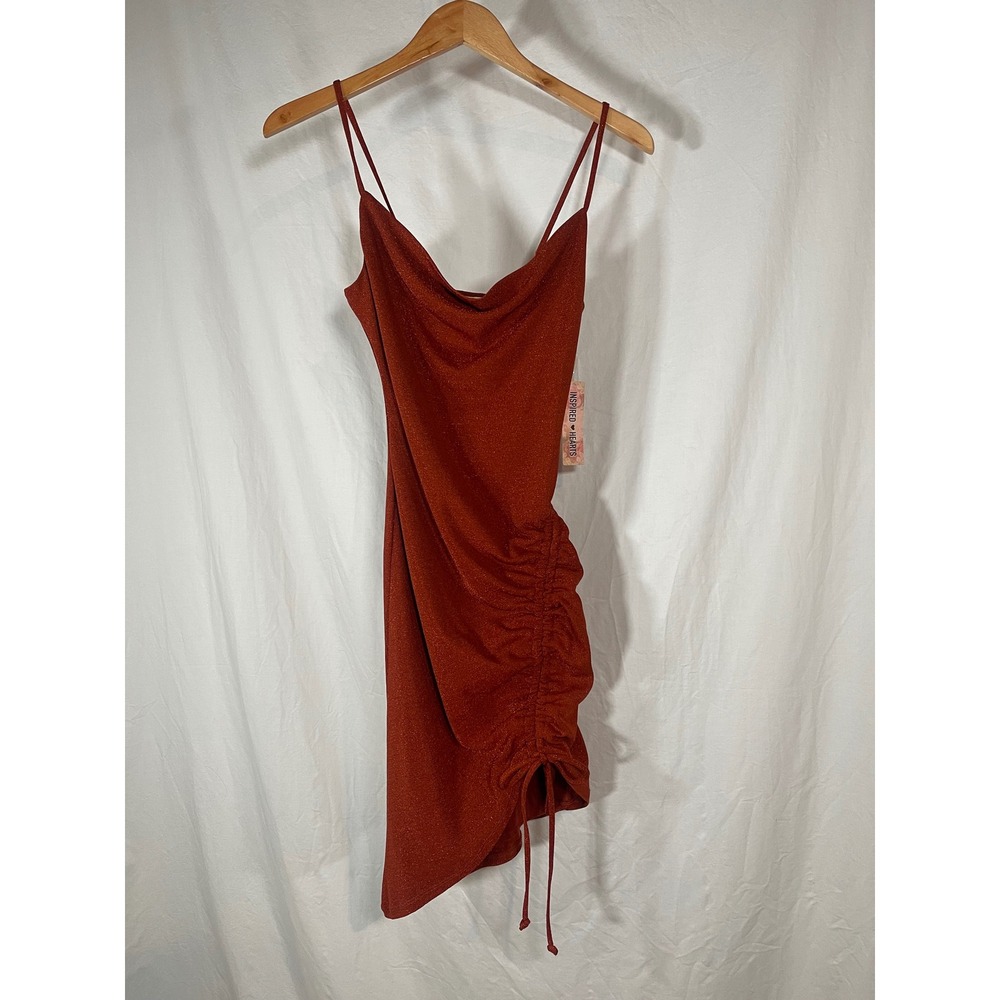 Inspired Hearts Rust Orange Metallic Cowl Neck Ruched Mini Dress Small